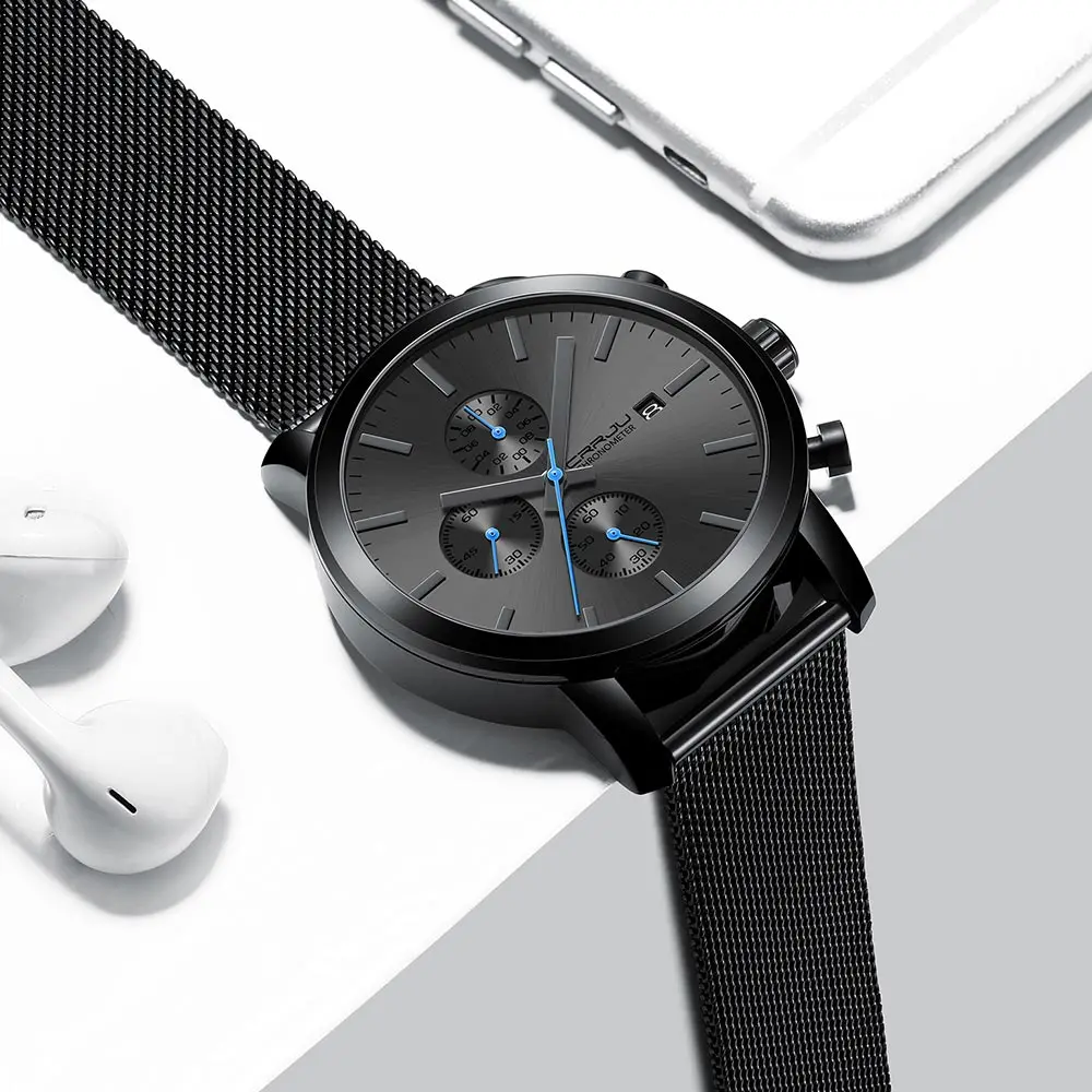 Men Watches CRRJU Top Brand Fashion multifunction Stainless Steel Mesh business Waterproof Wrist Watches Relogio Masculino
