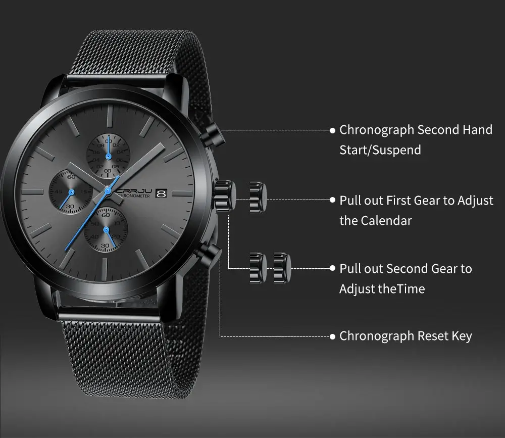 Men Watches CRRJU Top Brand Fashion multifunction Stainless Steel Mesh business Waterproof Wrist Watches Relogio Masculino