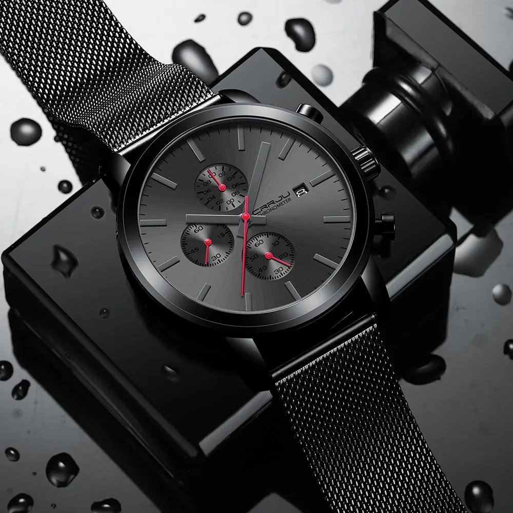 Men Watches CRRJU Top Brand Fashion multifunction Stainless Steel Mesh business Waterproof Wrist Watches Relogio Masculino