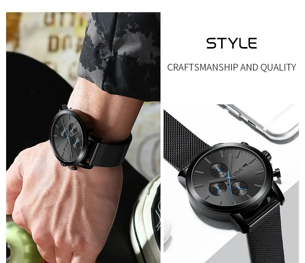 Men Watches CRRJU Top Brand Fashion multifunction Stainless Steel Mesh business Waterproof Wrist Watches Relogio Masculino