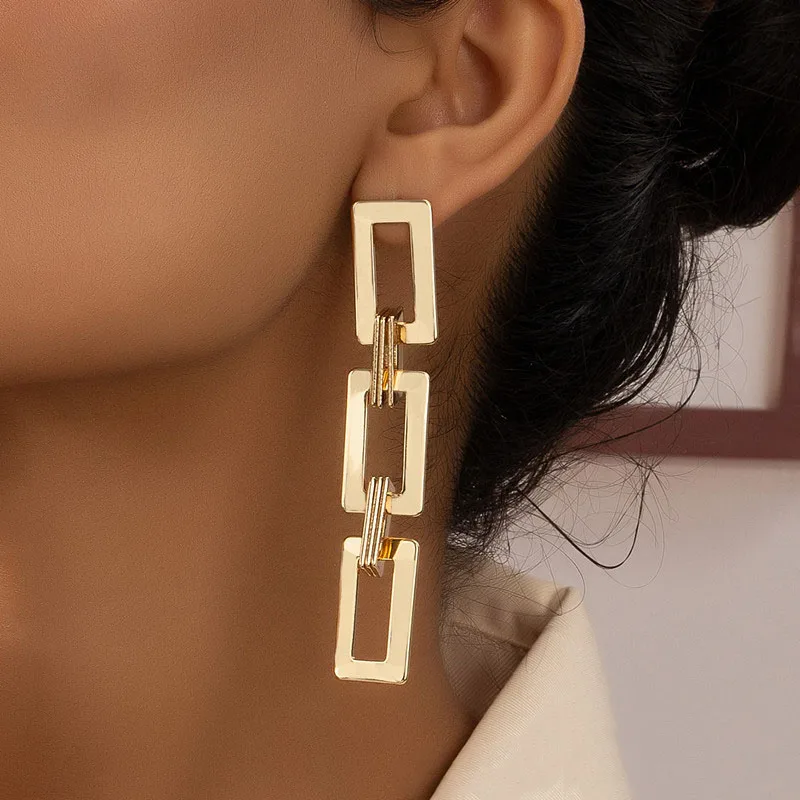 Long Exaggerated Square Hanging Earrings Multi-layers Hollow Geometric Pendants Gold Color Metal Dangle Earrings bijoux femme