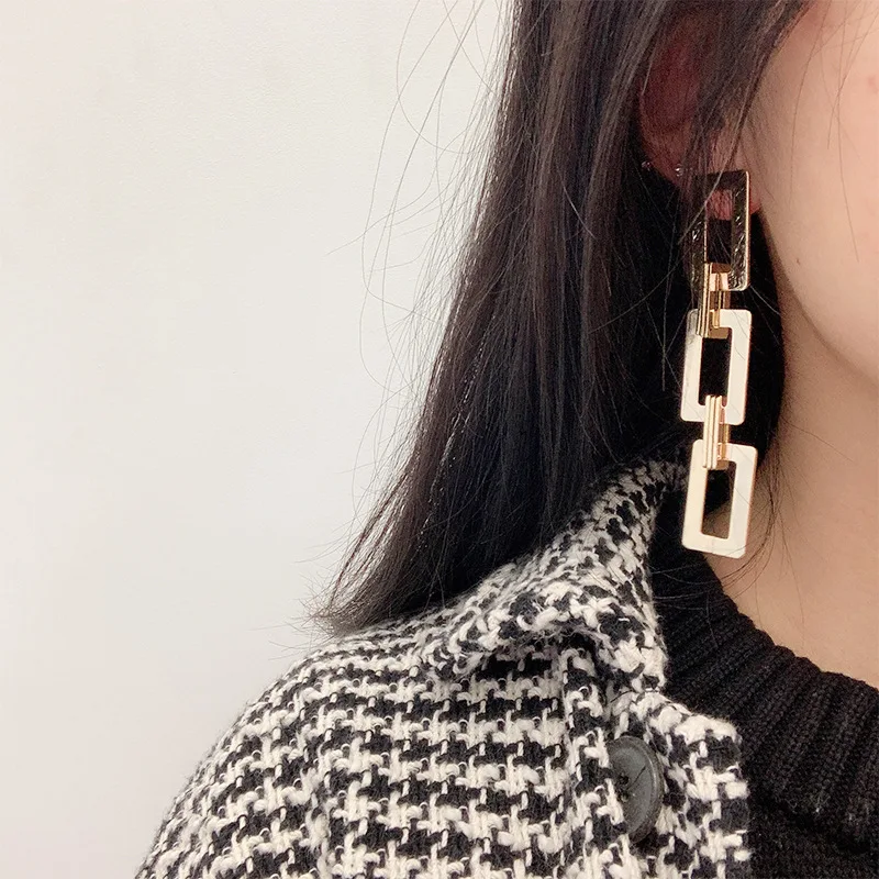 Long Exaggerated Square Hanging Earrings Multi-layers Hollow Geometric Pendants Gold Color Metal Dangle Earrings bijoux femme