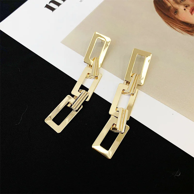 Long Exaggerated Square Hanging Earrings Multi-layers Hollow Geometric Pendants Gold Color Metal Dangle Earrings bijoux femme