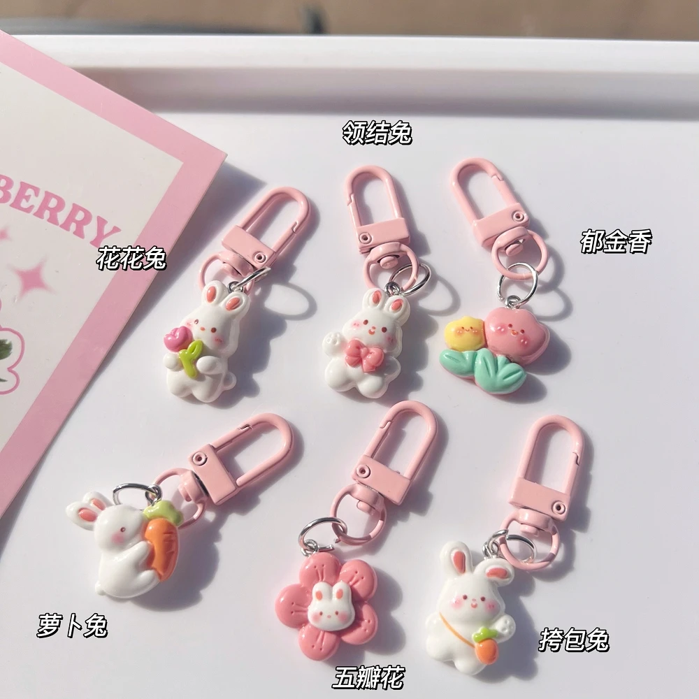 Cute Rabbit Keychain for Women Resin Bunny Carrots Bag Pendant Tulip Key Chains Girls Kids Couple Kpop Jewelry Deciration