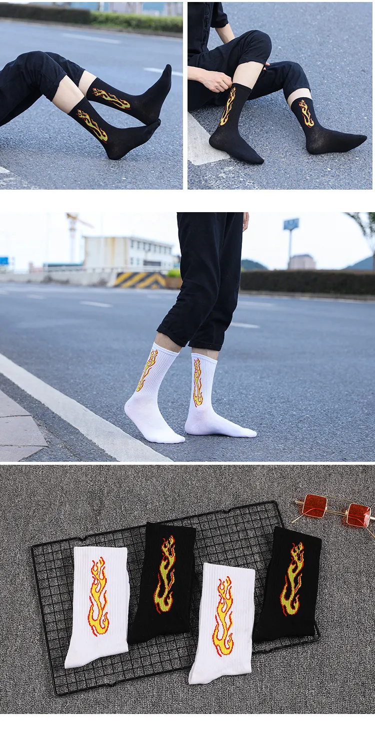1 Pairs New The Trend of Men's Socks Black White Burning Flame Hip-Hop Blaze Power Torch Hot Streetwear Skateboard