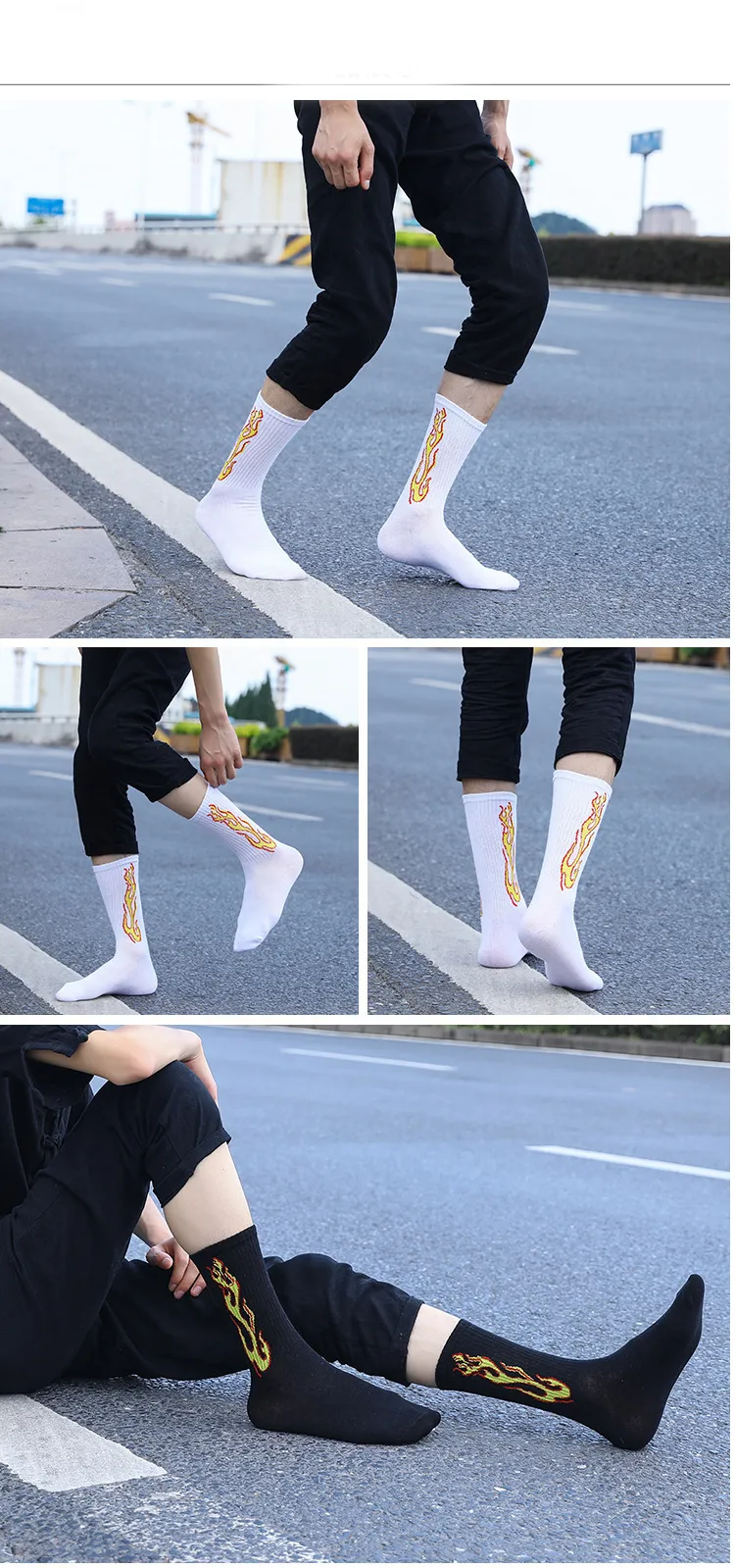 1 Pairs New The Trend of Men's Socks Black White Burning Flame Hip-Hop Blaze Power Torch Hot Streetwear Skateboard