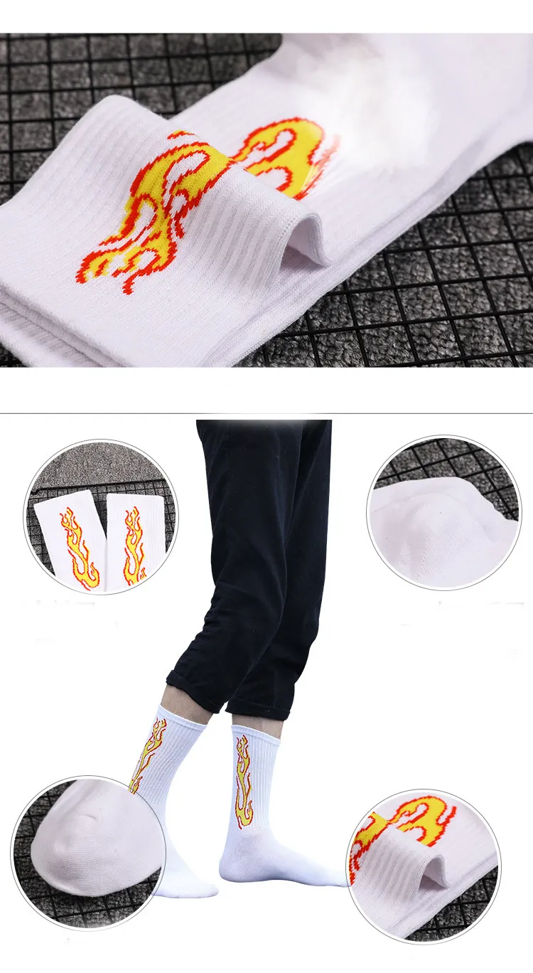 1 Pairs New The Trend of Men's Socks Black White Burning Flame Hip-Hop Blaze Power Torch Hot Streetwear Skateboard