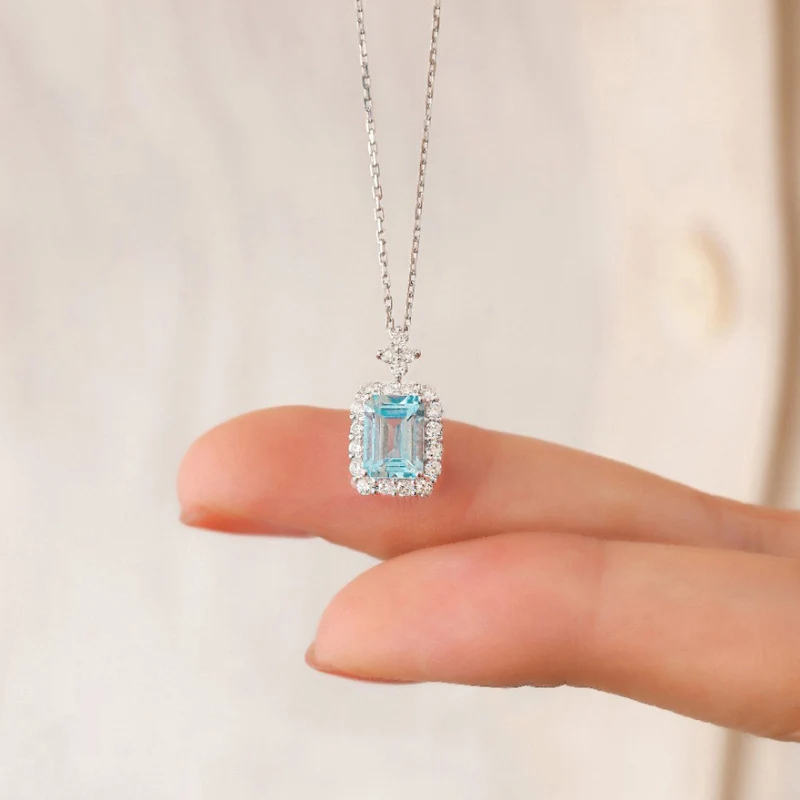 Huitan Square Light Blue Cubic Zirconia Necklace Women Engagement Wedding Accessories Brilliant Pendant Necklace Fashion Jewelry