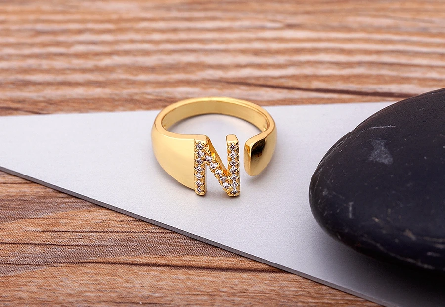 Fashion Chunky Wide Hollow A-Z Letter Gold Color Adjustable Opening Ring Initials Name Alphabet Female Party Wedding Jewelry