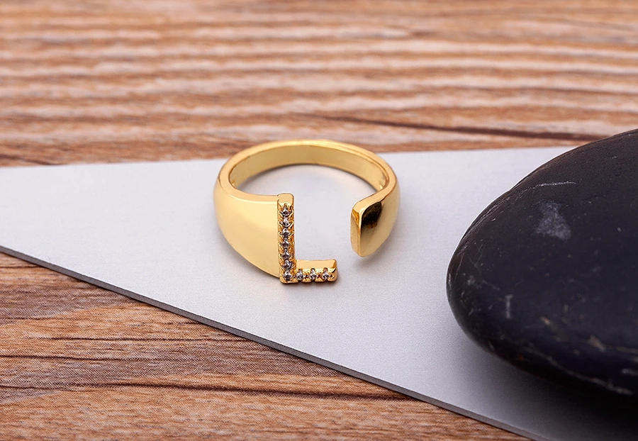 Fashion Chunky Wide Hollow A-Z Letter Gold Color Adjustable Opening Ring Initials Name Alphabet Female Party Wedding Jewelry