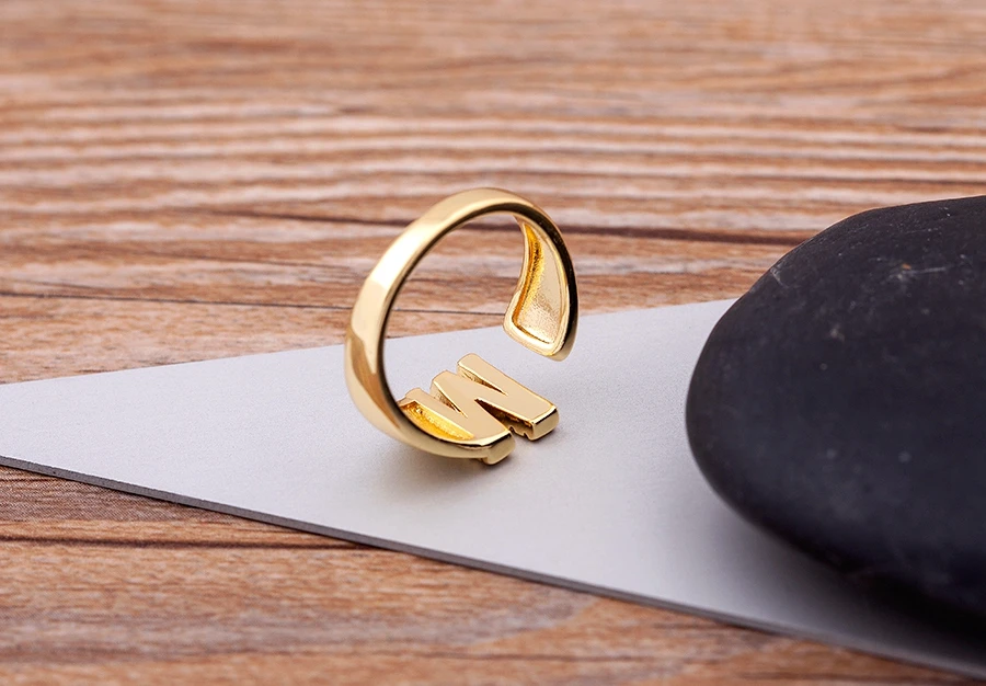 Fashion Chunky Wide Hollow A-Z Letter Gold Color Adjustable Opening Ring Initials Name Alphabet Female Party Wedding Jewelry