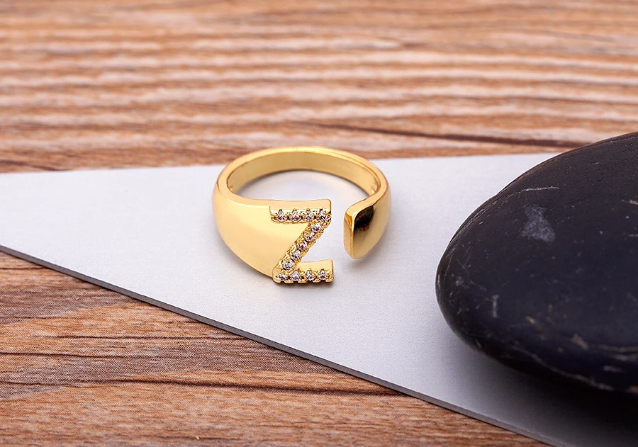 Fashion Chunky Wide Hollow A-Z Letter Gold Color Adjustable Opening Ring Initials Name Alphabet Female Party Wedding Jewelry