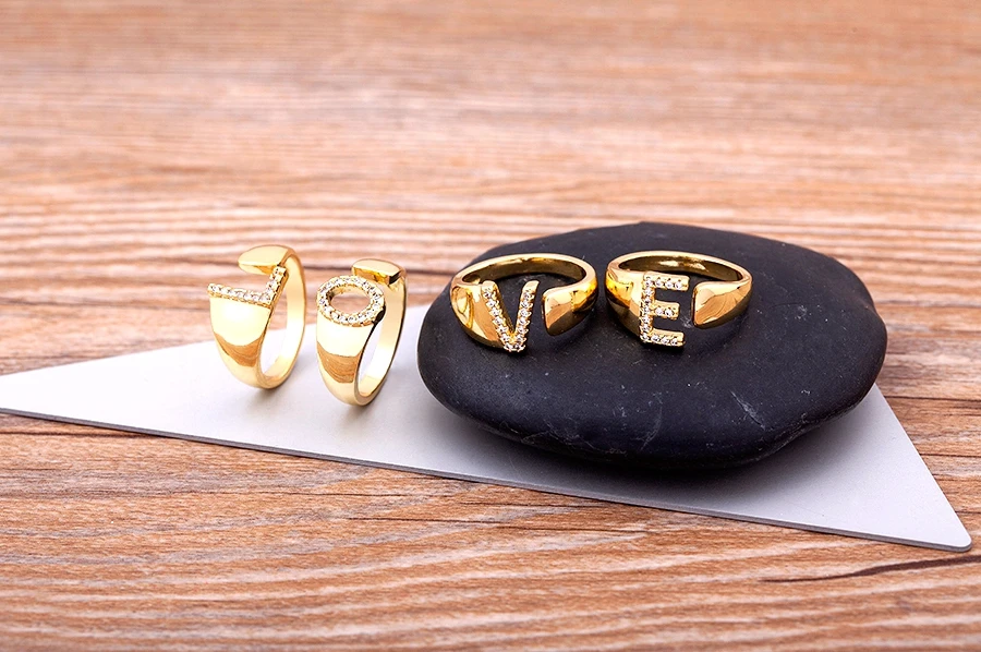 Fashion Chunky Wide Hollow A-Z Letter Gold Color Adjustable Opening Ring Initials Name Alphabet Female Party Wedding Jewelry