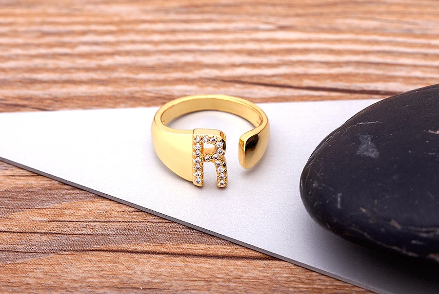 Fashion Chunky Wide Hollow A-Z Letter Gold Color Adjustable Opening Ring Initials Name Alphabet Female Party Wedding Jewelry