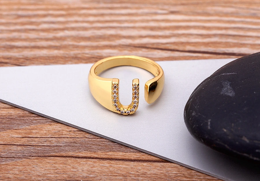 Fashion Chunky Wide Hollow A-Z Letter Gold Color Adjustable Opening Ring Initials Name Alphabet Female Party Wedding Jewelry