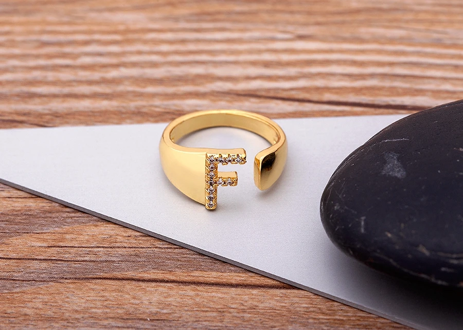 Fashion Chunky Wide Hollow A-Z Letter Gold Color Adjustable Opening Ring Initials Name Alphabet Female Party Wedding Jewelry