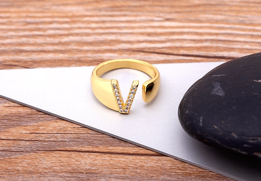 Fashion Chunky Wide Hollow A-Z Letter Gold Color Adjustable Opening Ring Initials Name Alphabet Female Party Wedding Jewelry
