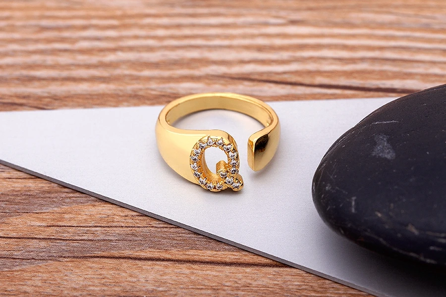 Fashion Chunky Wide Hollow A-Z Letter Gold Color Adjustable Opening Ring Initials Name Alphabet Female Party Wedding Jewelry