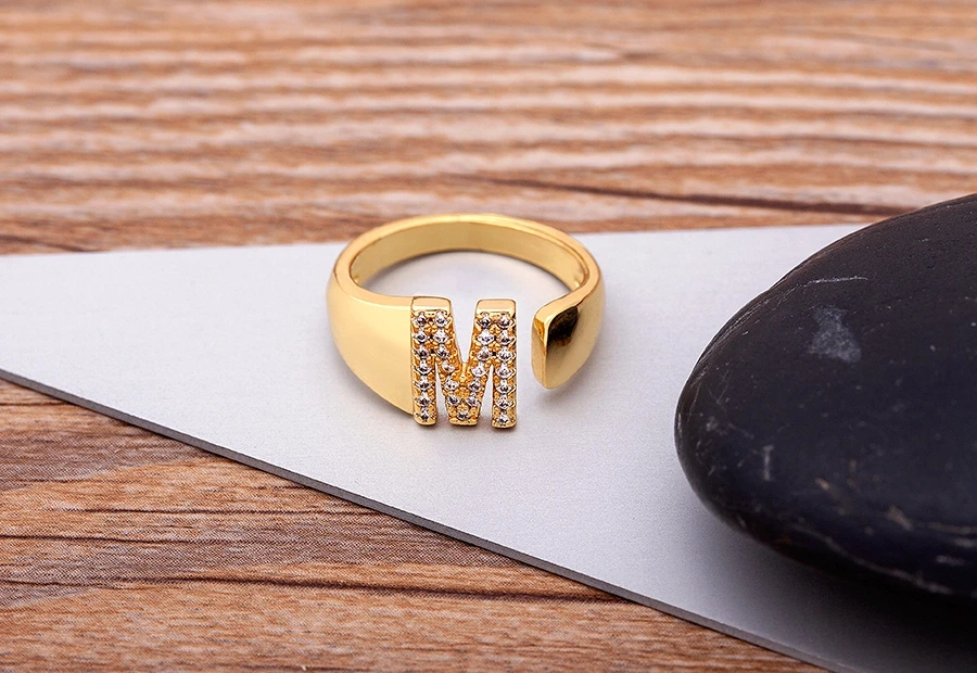 Fashion Chunky Wide Hollow A-Z Letter Gold Color Adjustable Opening Ring Initials Name Alphabet Female Party Wedding Jewelry