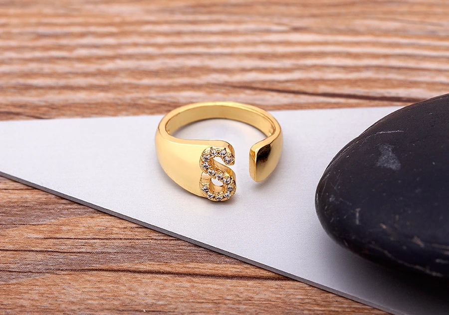 Fashion Chunky Wide Hollow A-Z Letter Gold Color Adjustable Opening Ring Initials Name Alphabet Female Party Wedding Jewelry