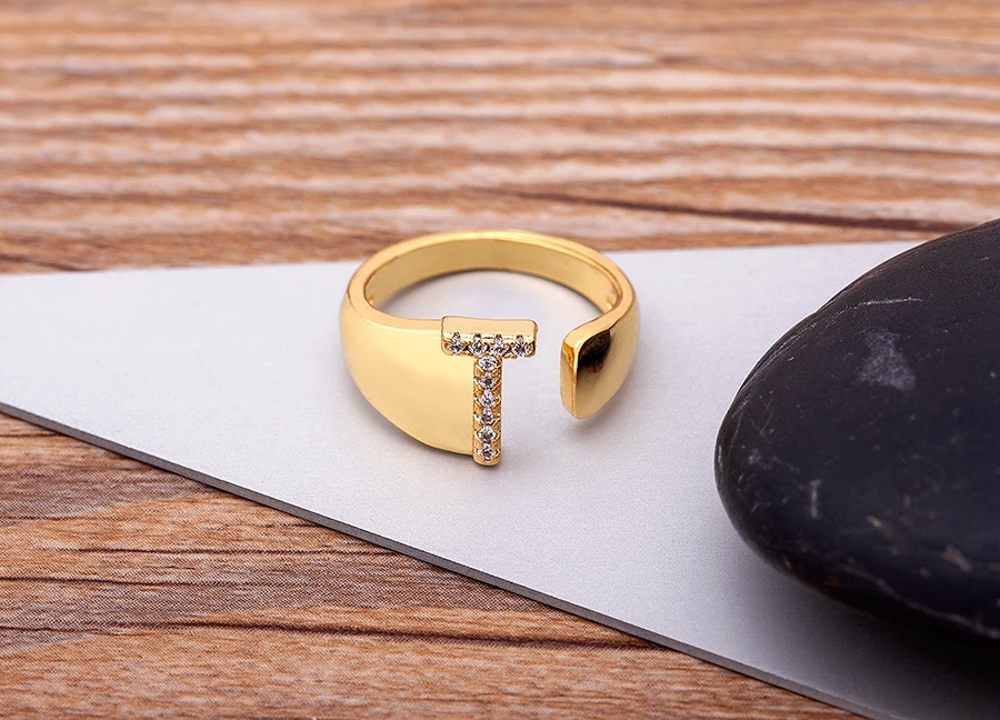 Fashion Chunky Wide Hollow A-Z Letter Gold Color Adjustable Opening Ring Initials Name Alphabet Female Party Wedding Jewelry