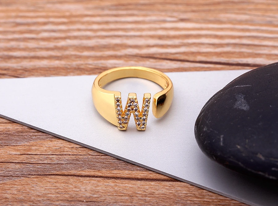 Fashion Chunky Wide Hollow A-Z Letter Gold Color Adjustable Opening Ring Initials Name Alphabet Female Party Wedding Jewelry