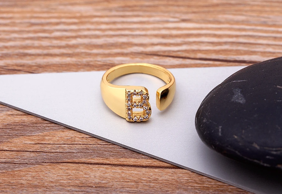 Fashion Chunky Wide Hollow A-Z Letter Gold Color Adjustable Opening Ring Initials Name Alphabet Female Party Wedding Jewelry