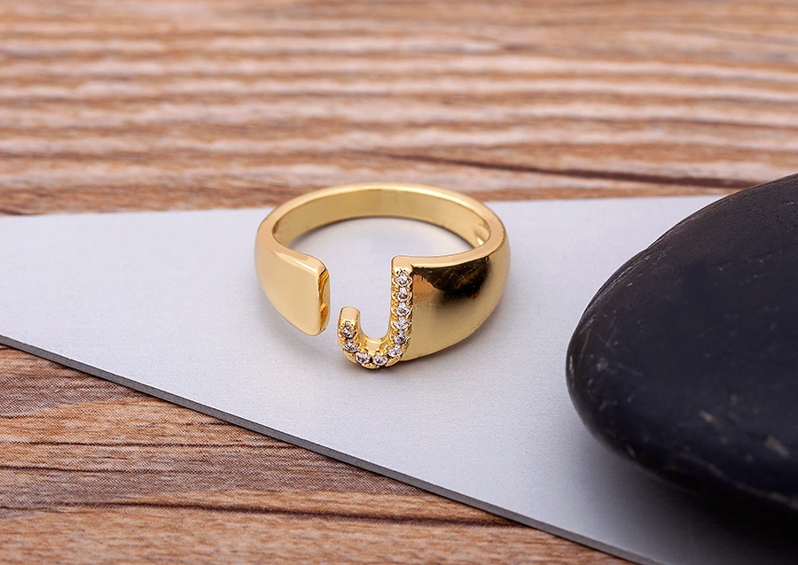 Fashion Chunky Wide Hollow A-Z Letter Gold Color Adjustable Opening Ring Initials Name Alphabet Female Party Wedding Jewelry