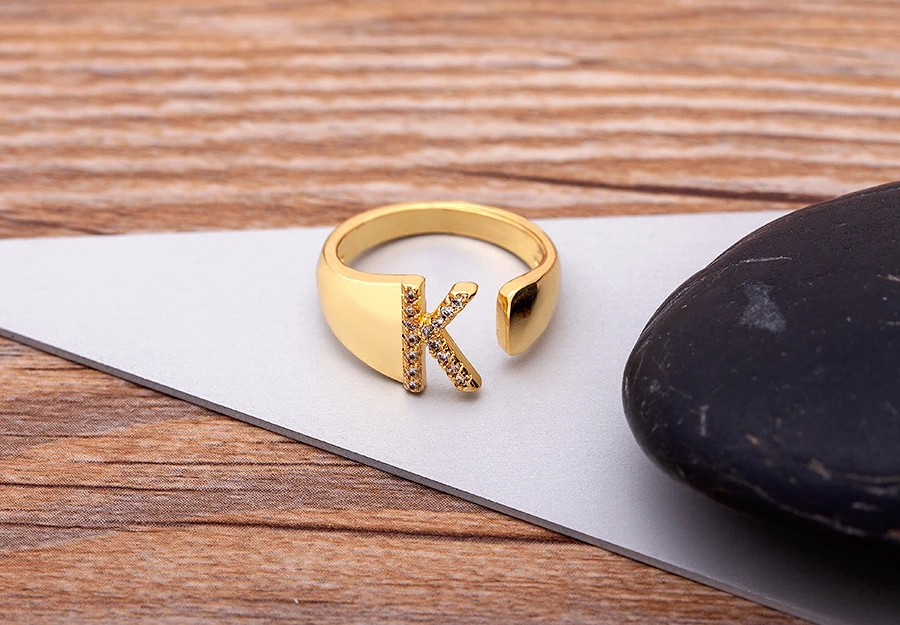 Fashion Chunky Wide Hollow A-Z Letter Gold Color Adjustable Opening Ring Initials Name Alphabet Female Party Wedding Jewelry