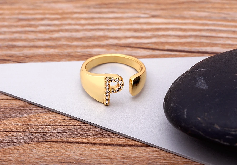 Fashion Chunky Wide Hollow A-Z Letter Gold Color Adjustable Opening Ring Initials Name Alphabet Female Party Wedding Jewelry