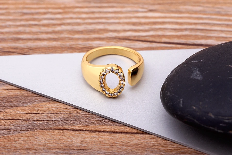 Fashion Chunky Wide Hollow A-Z Letter Gold Color Adjustable Opening Ring Initials Name Alphabet Female Party Wedding Jewelry