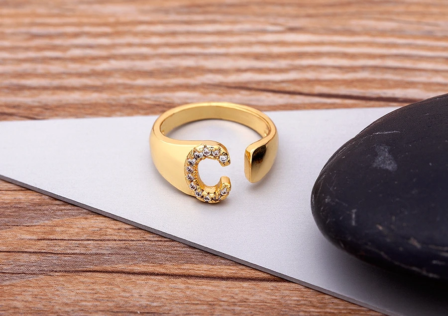 Fashion Chunky Wide Hollow A-Z Letter Gold Color Adjustable Opening Ring Initials Name Alphabet Female Party Wedding Jewelry