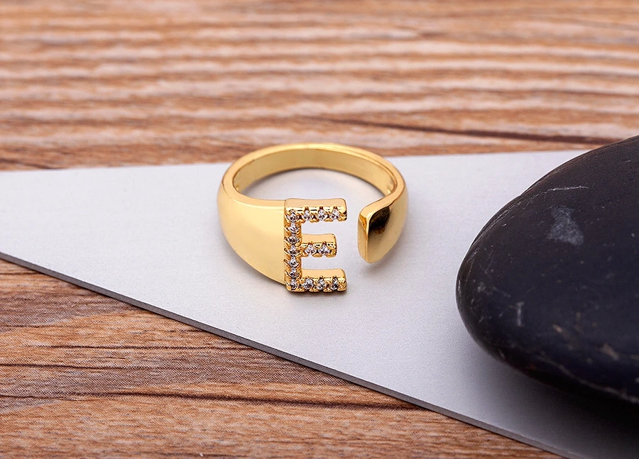 Fashion Chunky Wide Hollow A-Z Letter Gold Color Adjustable Opening Ring Initials Name Alphabet Female Party Wedding Jewelry
