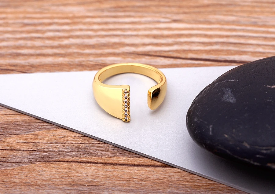 Fashion Chunky Wide Hollow A-Z Letter Gold Color Adjustable Opening Ring Initials Name Alphabet Female Party Wedding Jewelry
