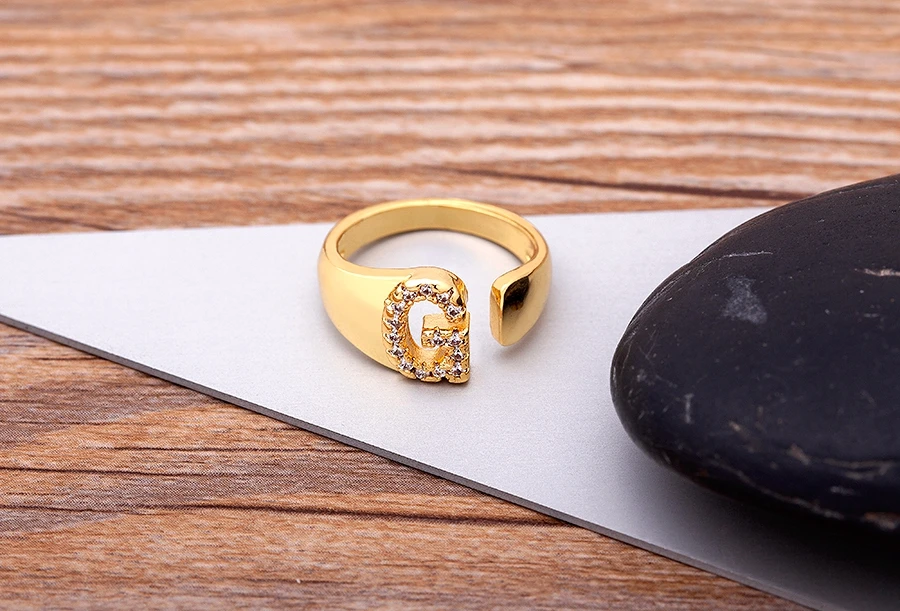 Fashion Chunky Wide Hollow A-Z Letter Gold Color Adjustable Opening Ring Initials Name Alphabet Female Party Wedding Jewelry