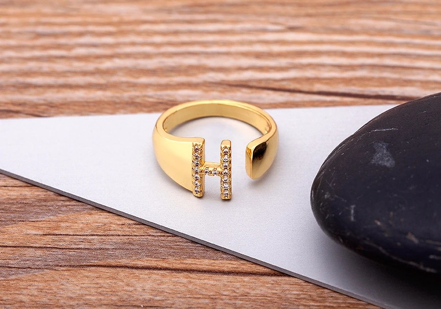 Fashion Chunky Wide Hollow A-Z Letter Gold Color Adjustable Opening Ring Initials Name Alphabet Female Party Wedding Jewelry