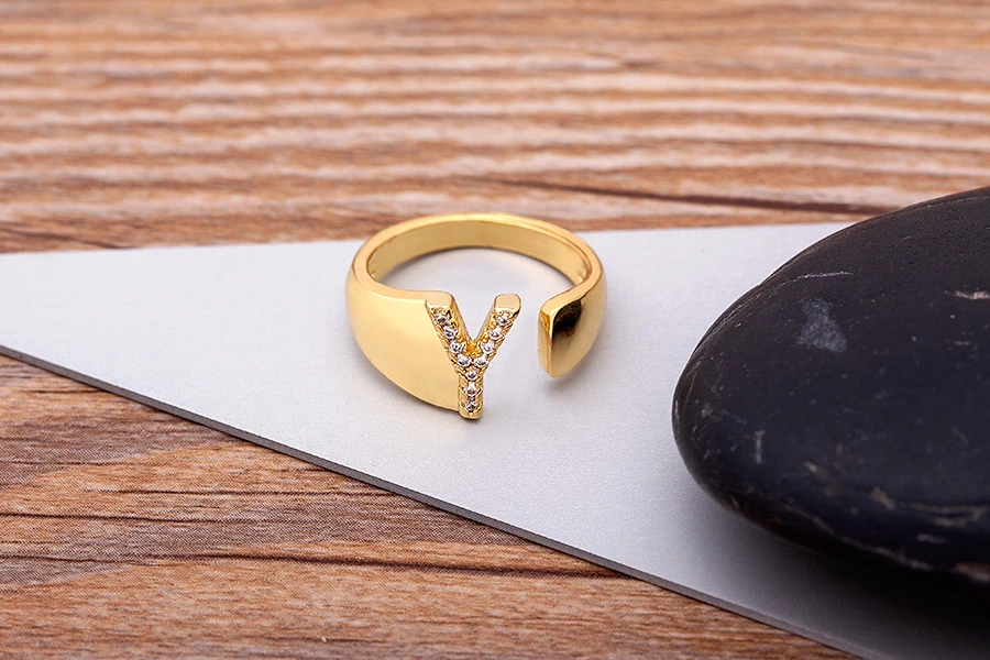 Fashion Chunky Wide Hollow A-Z Letter Gold Color Adjustable Opening Ring Initials Name Alphabet Female Party Wedding Jewelry