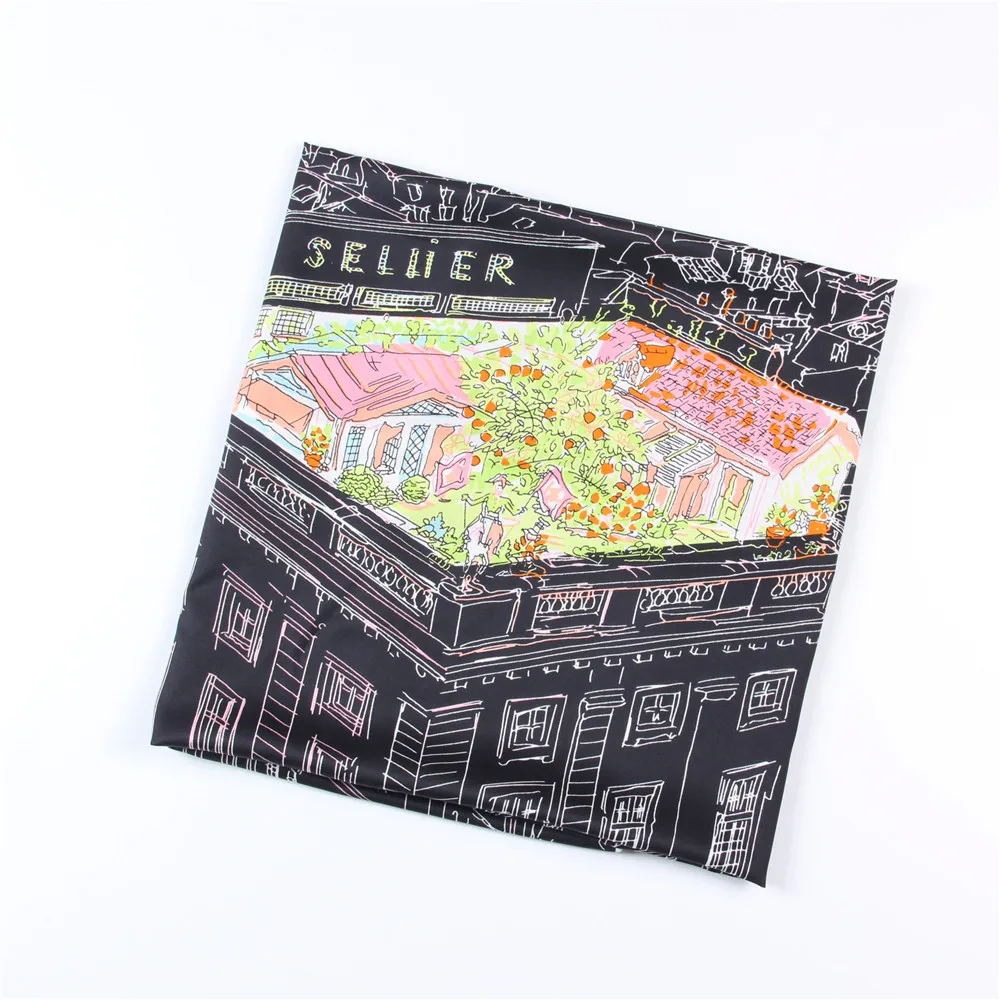 Manual Hand Rolled Twill Silk Scarf Women Night City Print Square Scarves Echarpes Curled Foulards Femme Wrap Bandana Hijab 90CM