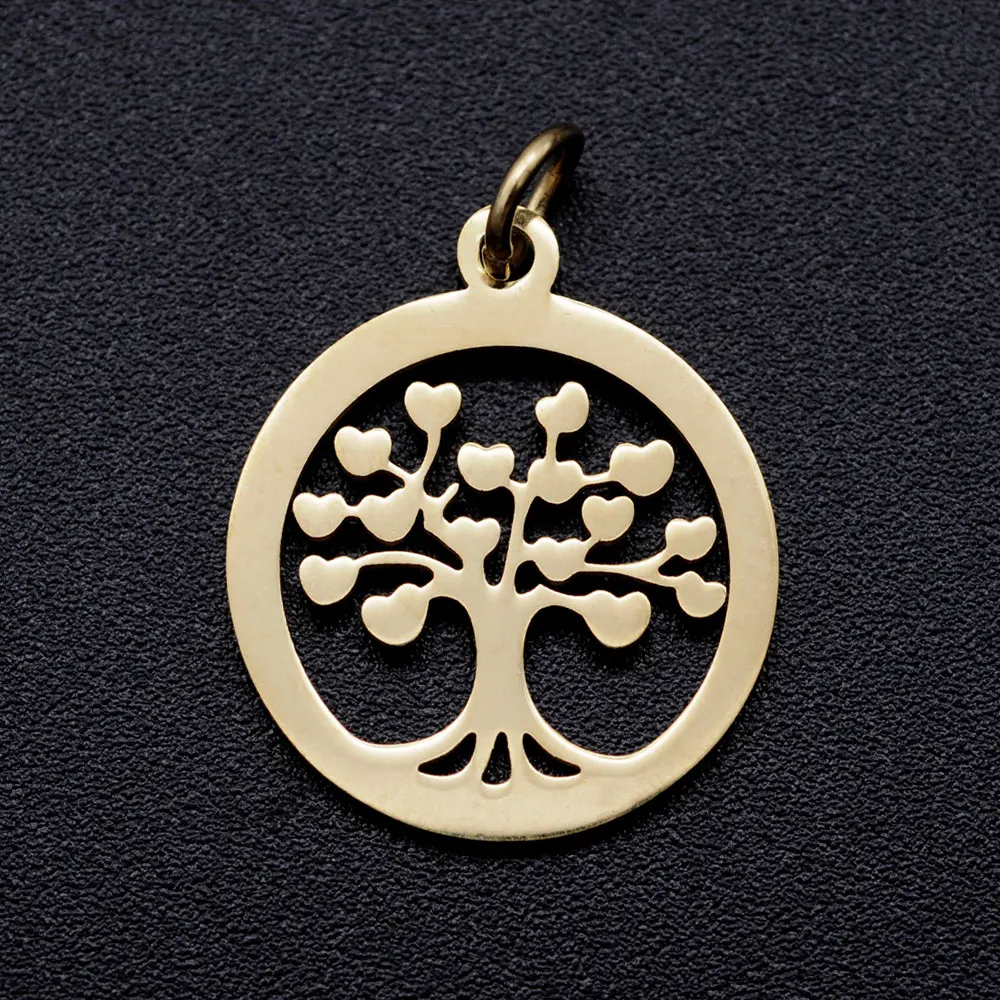 10pcs/Lot Stainless Steel Gold Color Tree of Life DIY Charms Wholesale Heart Connectors Pendant Necklace Making