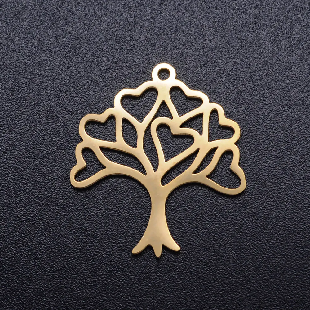 10pcs/Lot Stainless Steel Gold Color Tree of Life DIY Charms Wholesale Heart Connectors Pendant Necklace Making