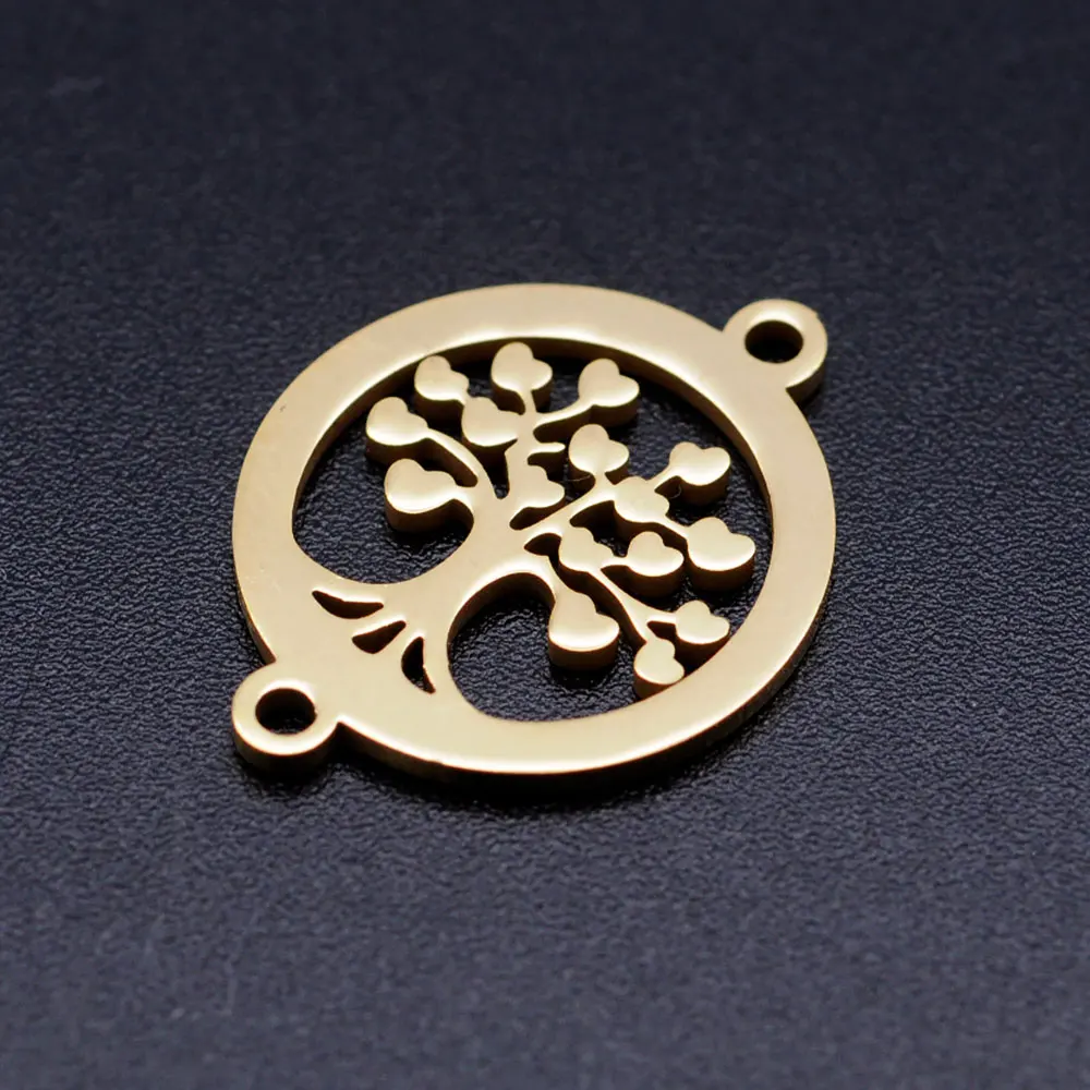 10pcs/Lot Stainless Steel Gold Color Tree of Life DIY Charms Wholesale Heart Connectors Pendant Necklace Making