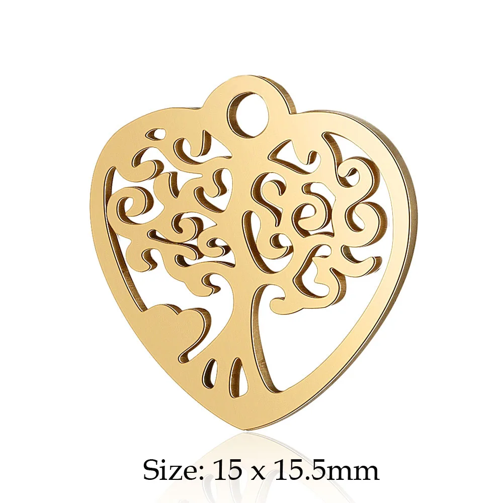 10pcs/Lot Stainless Steel Gold Color Tree of Life DIY Charms Wholesale Heart Connectors Pendant Necklace Making