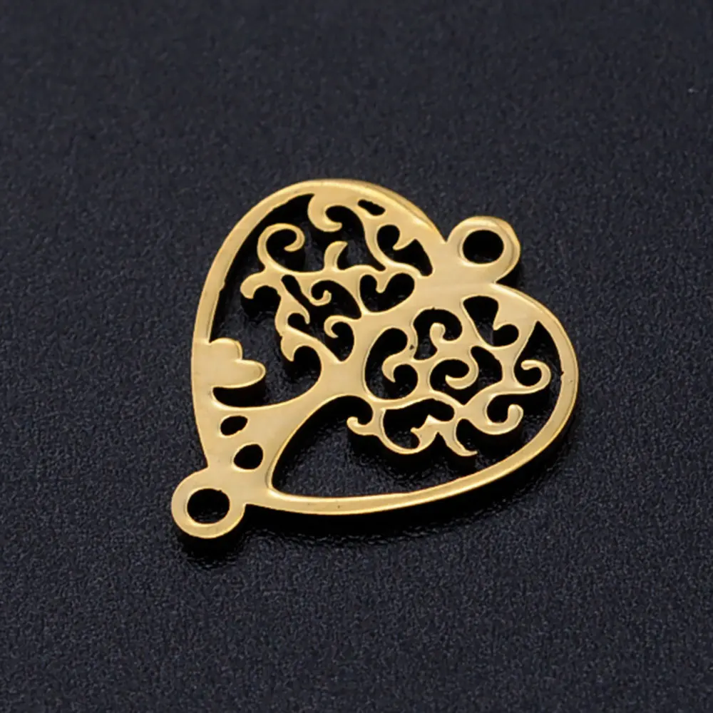 10pcs/Lot Stainless Steel Gold Color Tree of Life DIY Charms Wholesale Heart Connectors Pendant Necklace Making