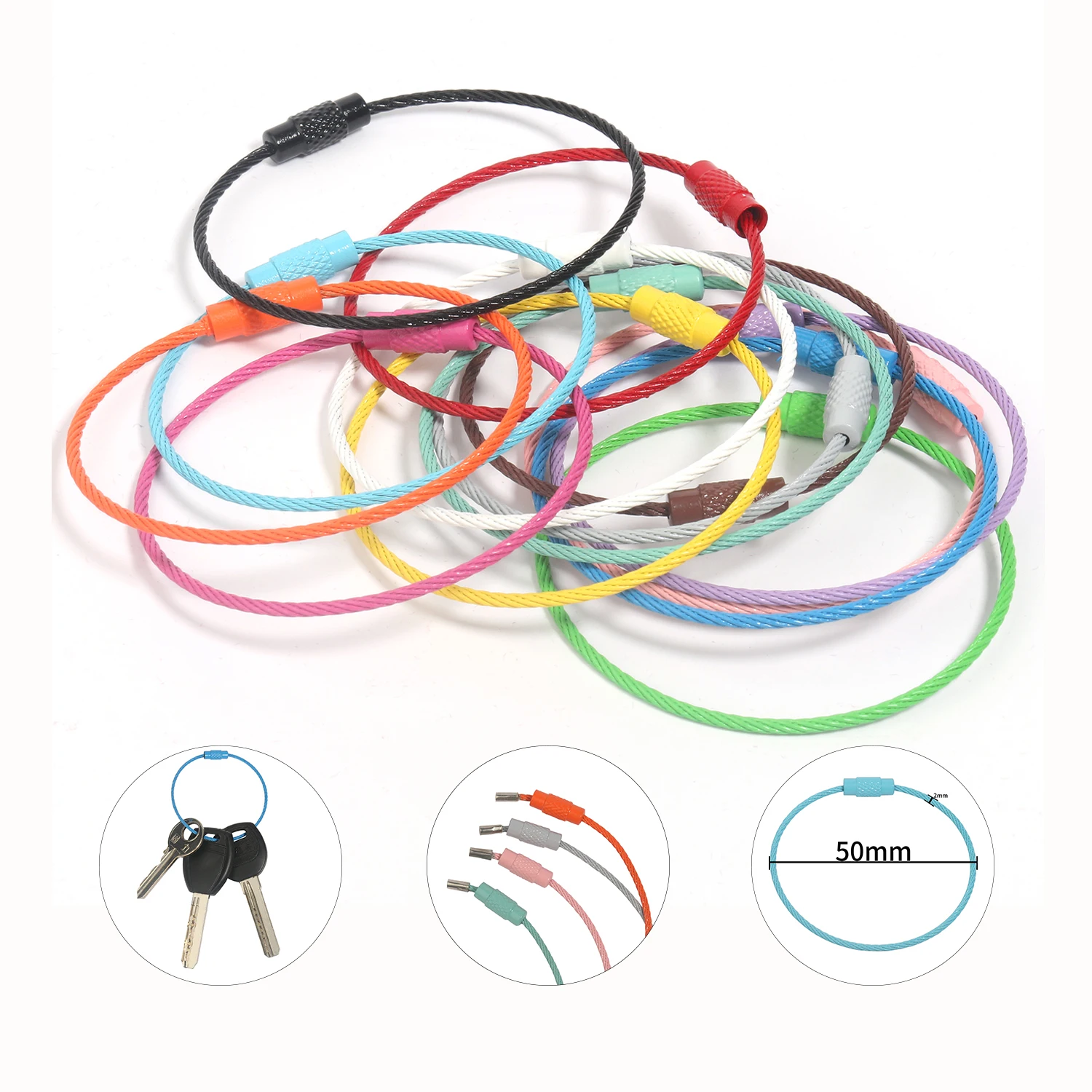 10pcs Colorful Stainless Steel Wire Keychain Cable Key Ring Loop Connector for Hanging Luggage Tags ID Tags Outdoor Hiking