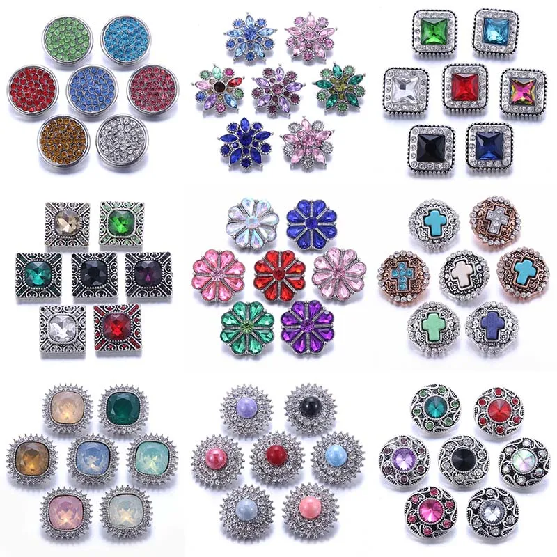 Color Crystal 18MM Snap Button Jewelry Women Fashion DIY Snap Button Bangle Necklace 5Pcs Mixed Accessories Gift Wholesale