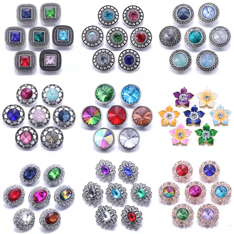 Color Crystal 18MM Snap Button Jewelry Women Fashion DIY Snap Button Bangle Necklace 5Pcs Mixed Accessories Gift Wholesale