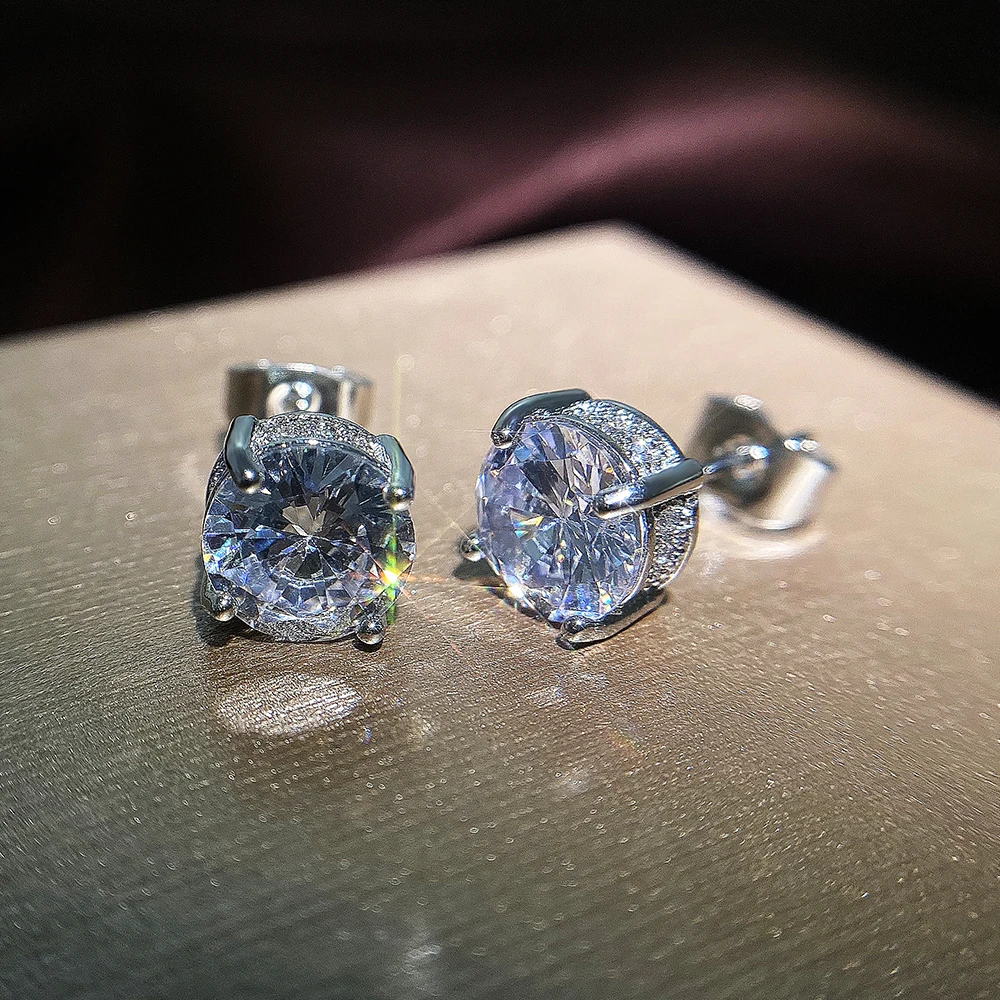 Huitan Luxury Silver Color Solitaire CZ Stud Earrings Versatile Style Birthday Lady Gift Delicate Women Earrings Classic Jewelry