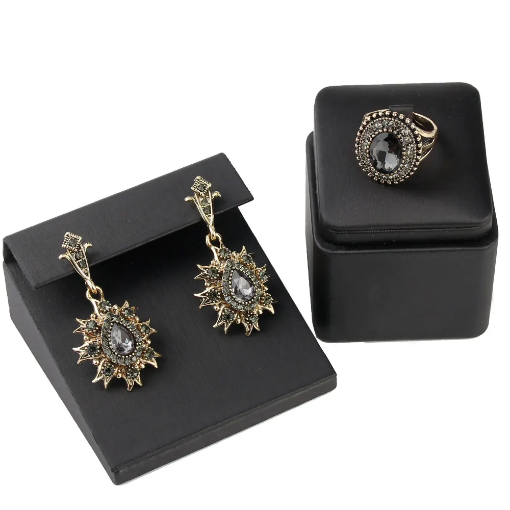 Sunspicems 2020 Bohemia Gray Crystal Wedding Jewelry Set Earring Ring for Women Antique Gold Color Turkish Vintage Party Bijoux