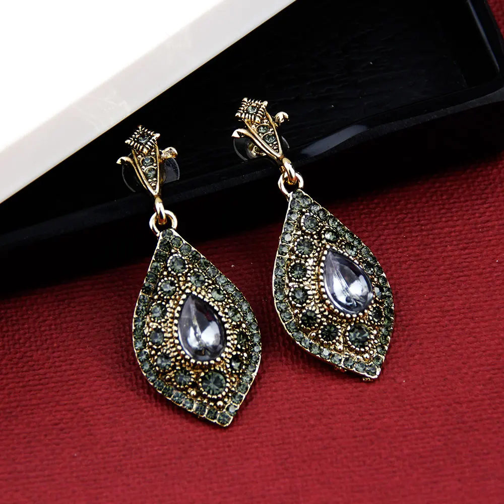 Sunspicems 2020 Bohemia Gray Crystal Wedding Jewelry Set Earring Ring for Women Antique Gold Color Turkish Vintage Party Bijoux