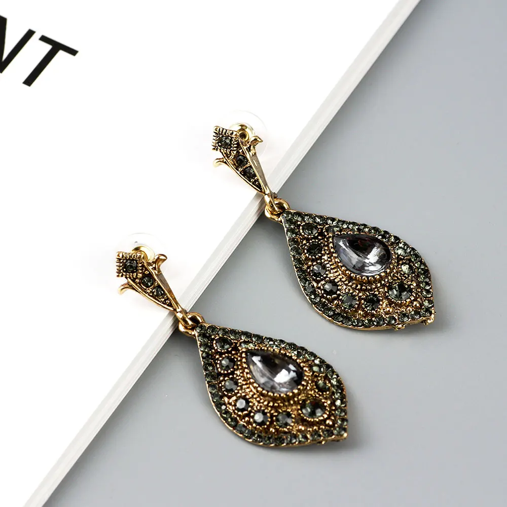 Sunspicems 2020 Bohemia Gray Crystal Wedding Jewelry Set Earring Ring for Women Antique Gold Color Turkish Vintage Party Bijoux